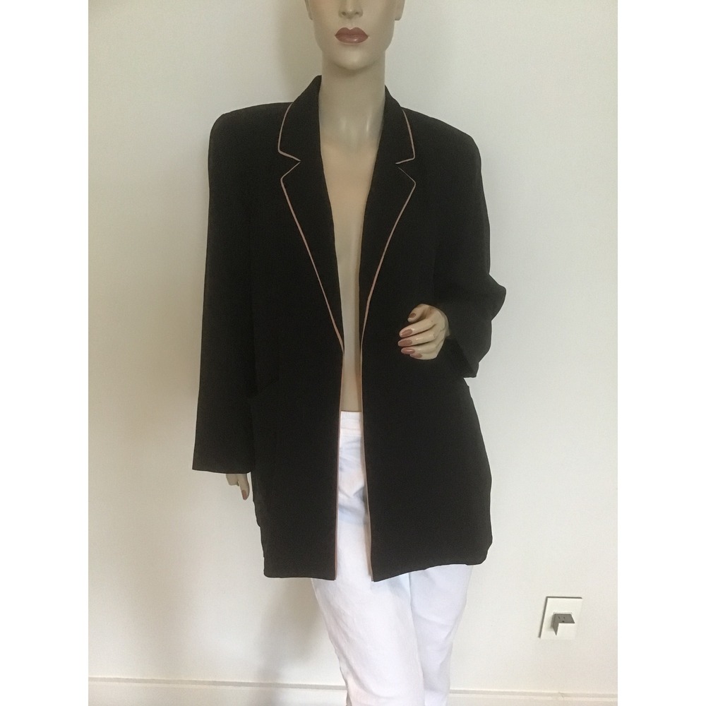 Eileen Fisher Petite Black 100% Silk Georgette Crepe Piping Open Front Jacket PL